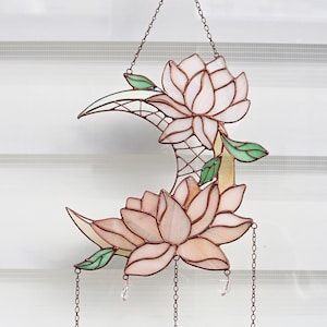Dreamcatcher lotus with moon Stained glass Suncatcher Wall room decor Cute Home decor Window panel Flower decor Birthday gift idea