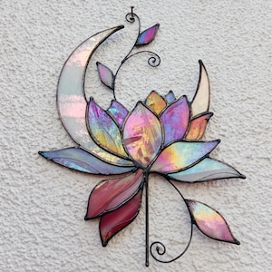 Stained Glass Lotus Moon Suncatcher: Pink Floral Window Hanging