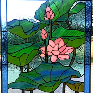 pink water lily lotus flower stained glass panel gifts Custom stained glass panel lotus flowers window hangings Stained glass suncatchers
