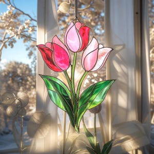 Pink Tulip Bouquet Suncatcher - ACRYLIC Faux Stained Glass Window Hanging - Floral Acrylic Decor, Handmade Sun Catcher, Gift