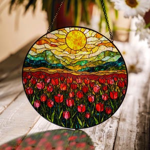 Red Tulip Field Stained Glass Suncatcher with Sun and Hills Handmade Window Hanging Gift for Mom