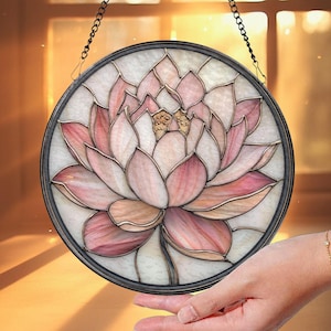Pink Lotus Flower Glass Suncatcher, Zen Window Hanging, Spiritual Decor, Garden Accent, Gift for Mom, Nature Lover Gift, Tranquil Wall Art