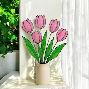 Stained Glass Tulip Suncatcher | Mothers Day Gift for Mom | 3rd Anniversary Gift Wife | Forever Flower Stems for Vase | Spring Decor