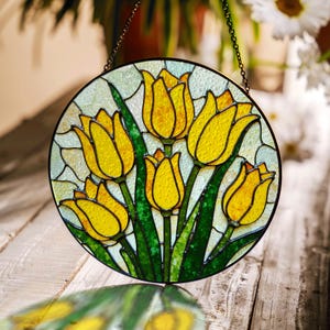 Yellow tulip bouquet stained glass suncatcher round floral window decor gift for flower lovers