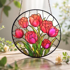 Colorful Tulips Stained Glass Suncatcher/Tulips Window Hanging Plant Lover Gifts/Colorful Tulips Flowers Decor/Teacher gifts/Botanical Art