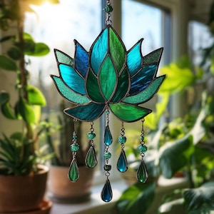 Green Lotus Suncatcher: Faux Stained Glass Window Hanging with Crystals
