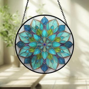 Blue Lotus Mandala Stained Glass Suncatcher, Bohemian Window Art, Mother's Garden Decor
