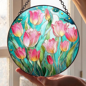Pink Tulip Stained Glass Suncatcher/Home Garden Spring Floral Hanging Gift for Flower Enthusiasts/Gifts for Plant Lovers/Gift for Grandma