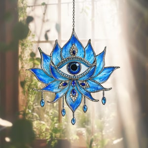 Blue Evil Eye Lotus Suncatcher, Evil Eye Light Catcher, Hamsa Hand Protection Home Wall Decor Spiritual Boho Gift, Energy