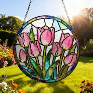 Suncatcher Stained Glass Pink Tulip Garden Suncatcher Window Hanging Plant Lover Gift Ornament Floral Gift For Grandma