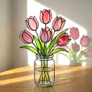 Stained Glass Tulip Suncatcher, Everlasting Spring Bouquet, Custom Window Hanging, Valentine Gift for Mom (No Vase)