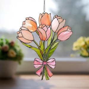 Tulip Bouquet Resin Suncatcher, Pink Window Hanging, Floral Suncatcher, Flower Home Decor, Unique Mothers Day Gift for Her, Anniversary Mom