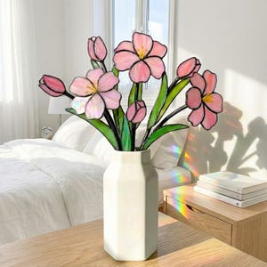 Stained Glass Tulip Suncatcher, Pink Flower Bouquet, Spring Window Hanging, Unique Glass Art Gift for Her, Mother's Day Decor