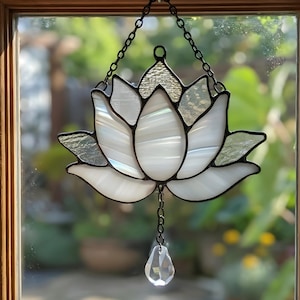 White Lotus Stained Glass Suncatcher, Flower Window Hanging, Spiritual Gift Grandma Mothers Day gifts