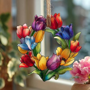 Tulip Wreath Suncatcher Stained Glass ACRYLIC, Handcrafted Floral Window Ornament, Colorful Home Decor for Sunlight Reflection