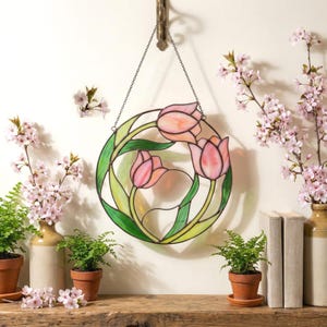 Stained Glass Tulip Suncatcher, Pink Flower Window Hanging, Real Glass Spring Decor, Mothers Day Gift for Mom Grandma, Botanical Garden Art