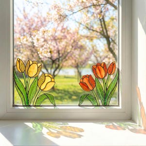 Stained Glass Tulip Window Corner Suncatcher, Spring Home Decor, Unique Easter Gift for Mom, Floral Window Treatment