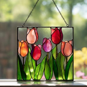 100% Handmade Stained Glass Red Tulip Corner Suncatcher Romantic Valentine Gift for Her, Anniversary Gift for Wife, Floral Window Decor