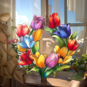 Tulip Flower ACRYLIC Faux Stained Glass Suncatcher, Spring Window Hanging, Colorful Floral Decor, Gift for Garden Lovers
