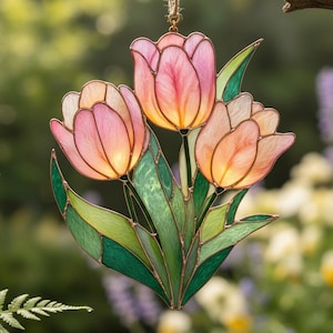 Pink Tulip Suncatcher Faux Stained Glass Window Hanging Art, Floral Home Decor Gift, Spring Flower Acrylic Panel (Image is resuncatcher)