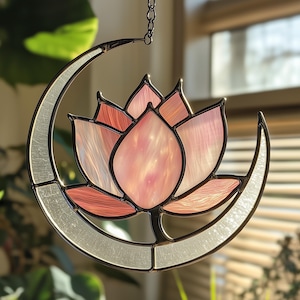 Pink Lotus Moon Stained Glass Suncatcher, Window Hanging Boho Yoga Home Decor Spiritual Gift Handmade Art
