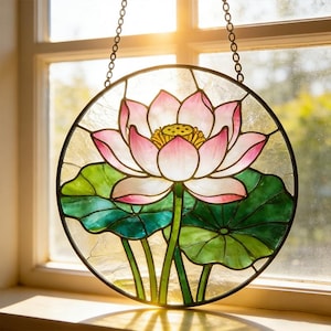 Pink Lotus Stained Glass Suncatcher,Floral Window Hanging,Serene Home Decor,Asian Inspired Window Art, Nature Inspired Suncatcher,Zen Accent