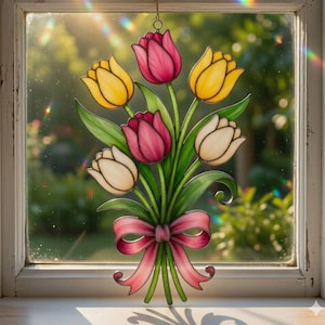 Tulip Bouquet Suncatcher, Mother's Day Gift, Floral Window Hanging, Spring Garden Decor, Colorful Tulip Ornament, Cottagecore Home Art