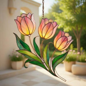 Pink Tulip Suncatcher, Floral Window Hanging, Spring Flower Art, Mother's Day Gift, Garden Theme, Botanical Home, Tulip Bouquet