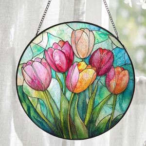 Tulip Stained Glass Suncatcher: Pink Flower Window Hanging, Spring Floral Glass Art, Gift for Mom