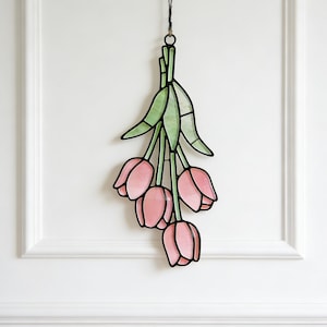Pink Tulip Stained Glass Suncatcher Hand-Cut and Painted: Tulip April Birth Flower Birthday Gift For Mom/Grandma