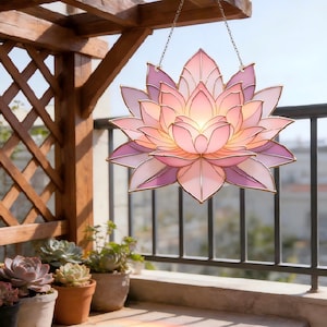 Handmade Lotus Stained Glass Suncatcher, Boho Window Hanging, Light Catcher, Prism Accent, Wall Ornament, Birthday Gift, Anniversary Gift