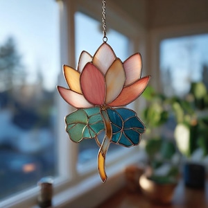 Lotus Flower With Leaf Mica Suncatcher for Window Home Zen Decor