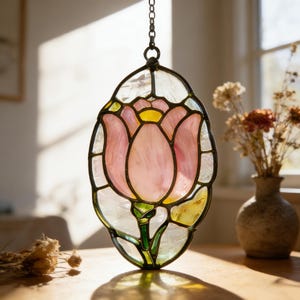 Handmade Pink Tulip Stained Glass Suncatcher, Floral Window Hanging, Vintage Cottage Home Decor, Unique Gift for Flower Lovers & Mom