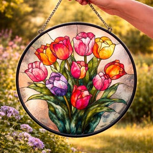 Personalized Painted Tulips Stained Glass Suncatcher – Garden Window Hanging Decor – Vibrant Flower Sun Catcher for Teachers & Nature Lovers